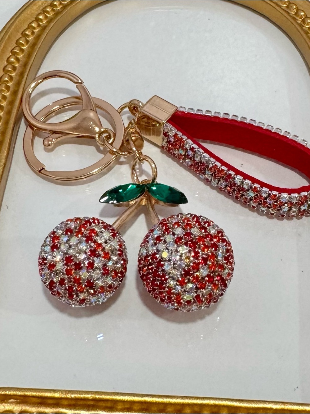 New Red & White Rhinestone Cherry Keychain